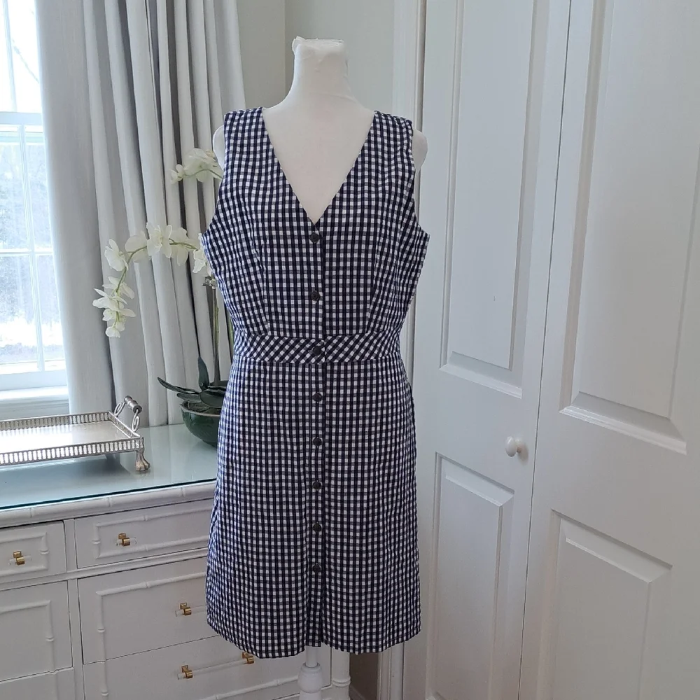 NWT J.Crew Factory Womens Navy/White Gingham Check‎ Seersucker Dress 8